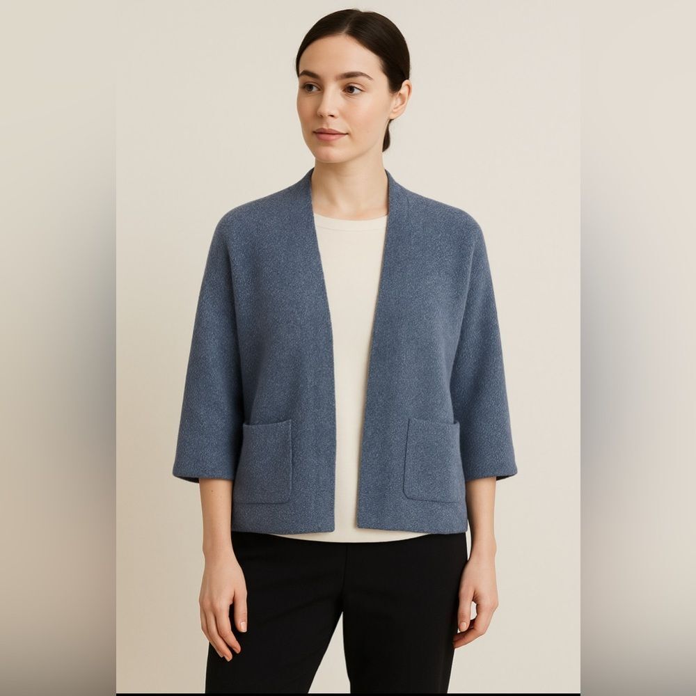 Eileen Fisher Blue Heather Wool Silk Boucle Open Front Cardigan Sweater Petite L - Picture 7 of 7